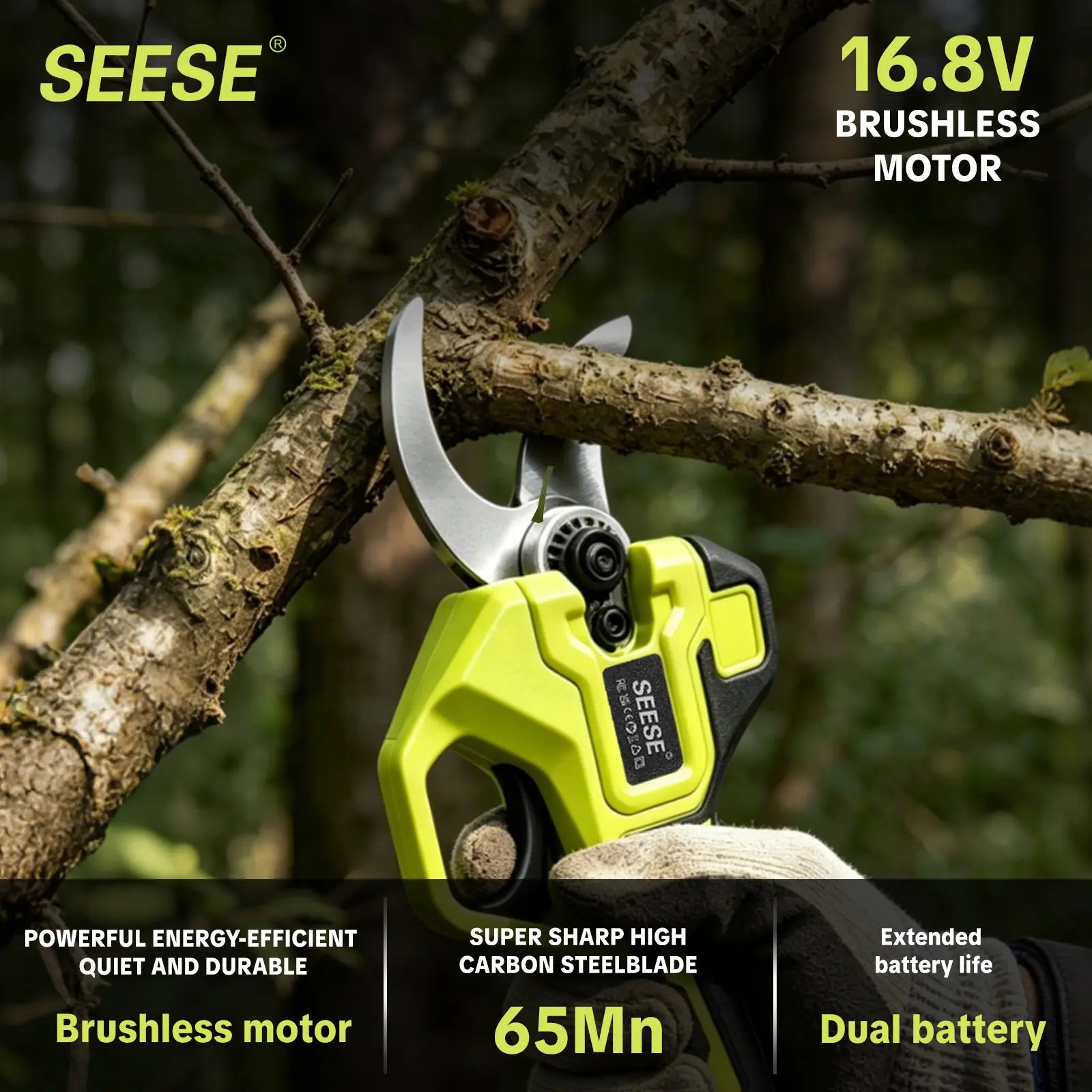 SEESE Cordless Electric Pruning Shears with Brushless Motor - 1.25" Cutting Capacity, Dual 21V Battery for Efficient Tree and Flower Trimming, Ideal Father's Day Gift