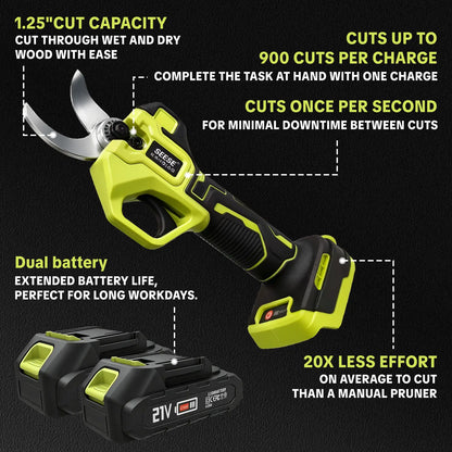 SEESE Cordless Electric Pruning Shears with Brushless Motor - 1.25" Cutting Capacity, Dual 21V Battery for Efficient Tree and Flower Trimming, Ideal Father's Day Gift