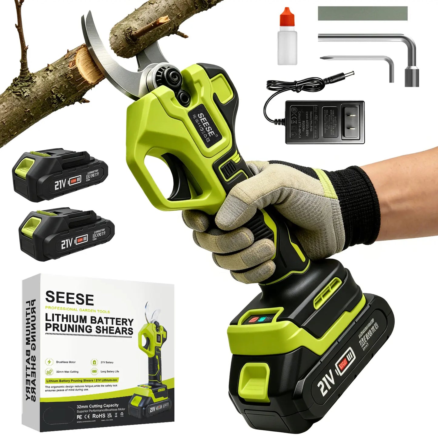 SEESE Cordless Electric Pruning Shears with Brushless Motor - 1.25" Cutting Capacity, Dual 21V Battery for Efficient Tree and Flower Trimming, Ideal Father's Day Gift