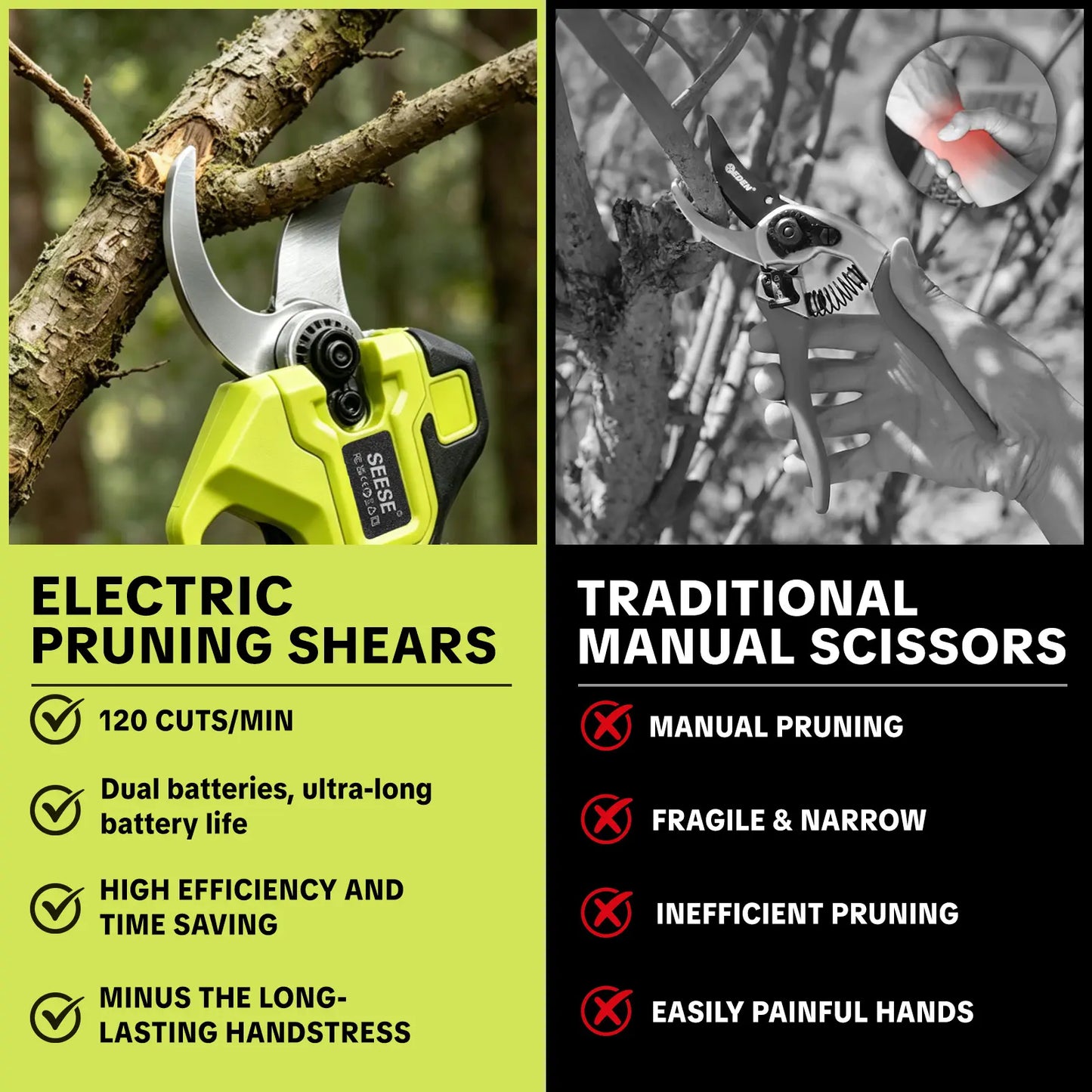 SEESE Cordless Electric Pruning Shears with Brushless Motor - 1.25" Cutting Capacity, Dual 21V Battery for Efficient Tree and Flower Trimming, Ideal Father's Day Gift