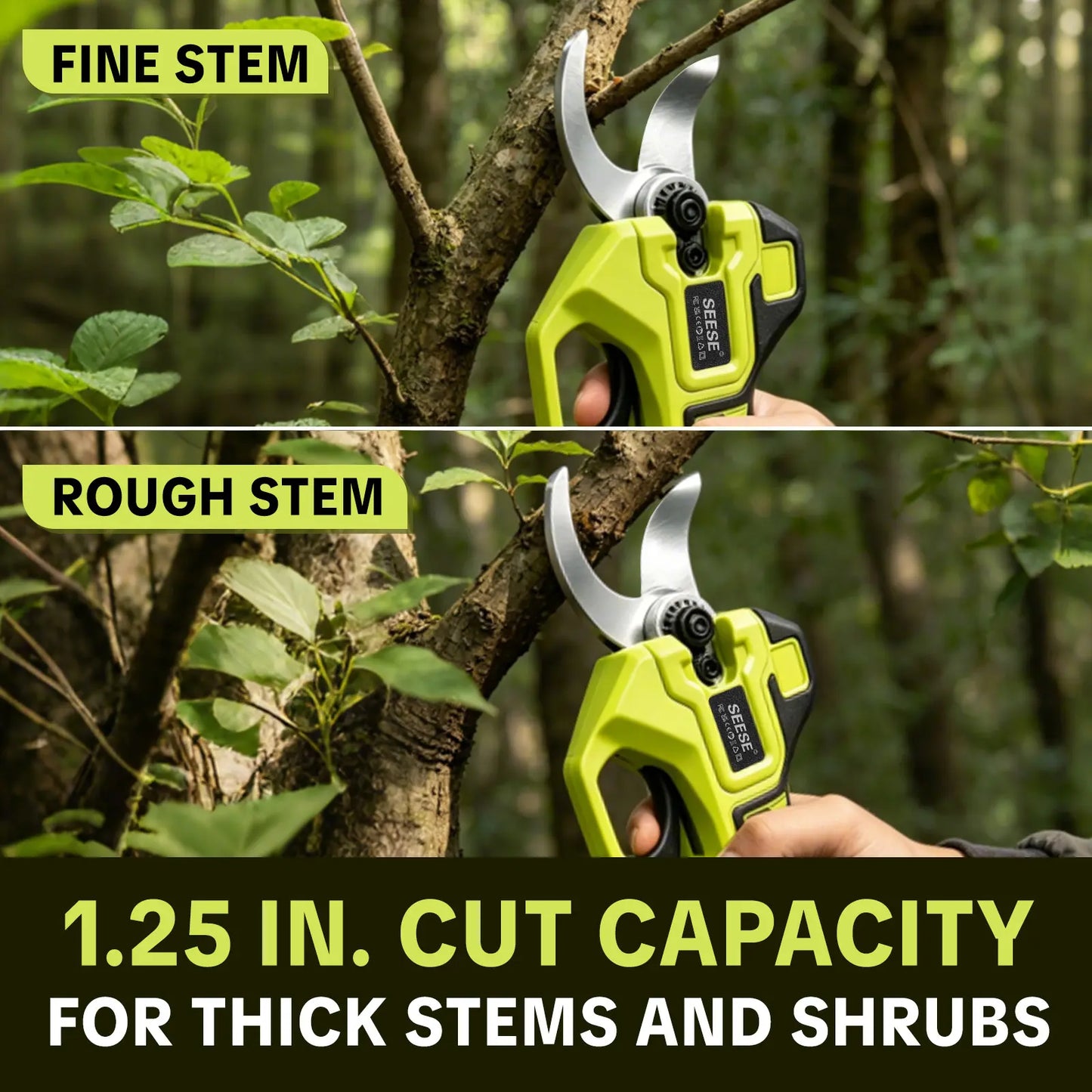 SEESE Cordless Electric Pruning Shears with Brushless Motor - 1.25" Cutting Capacity, Dual 21V Battery for Efficient Tree and Flower Trimming, Ideal Father's Day Gift